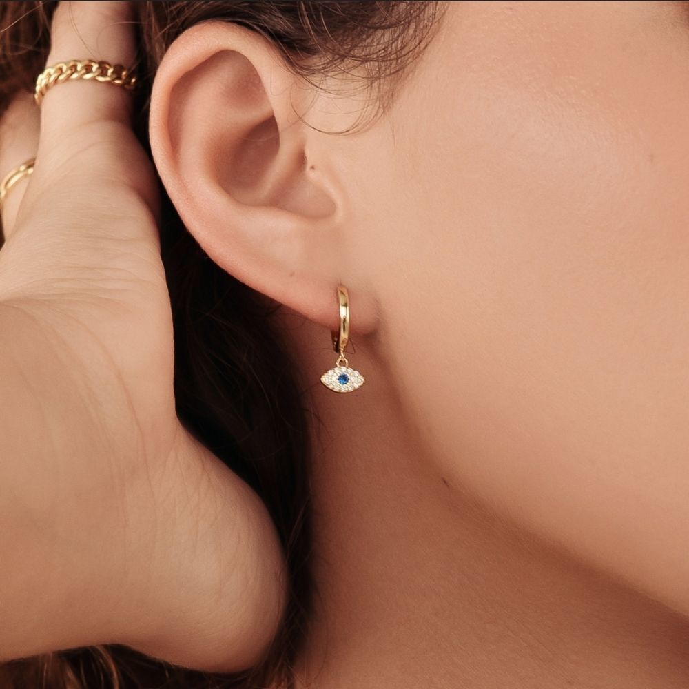 🧿 Blue Stone Evil Eye Huggie Hoop Earrings 🧿 - Picture 5 of 9